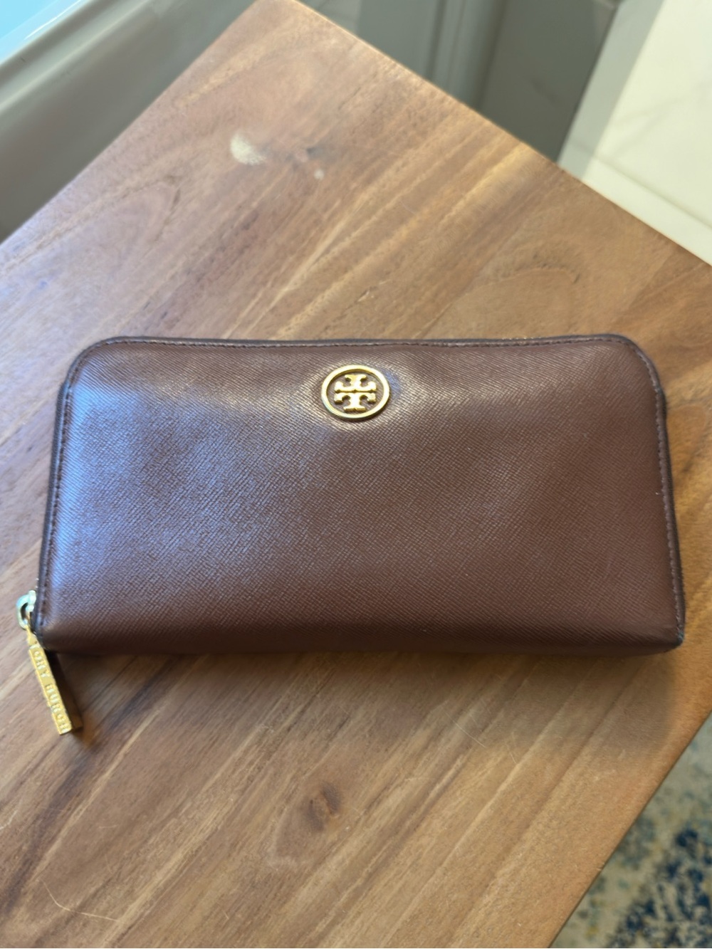 Tory Burch Brown Leather Zip Wallet with Gold Logo